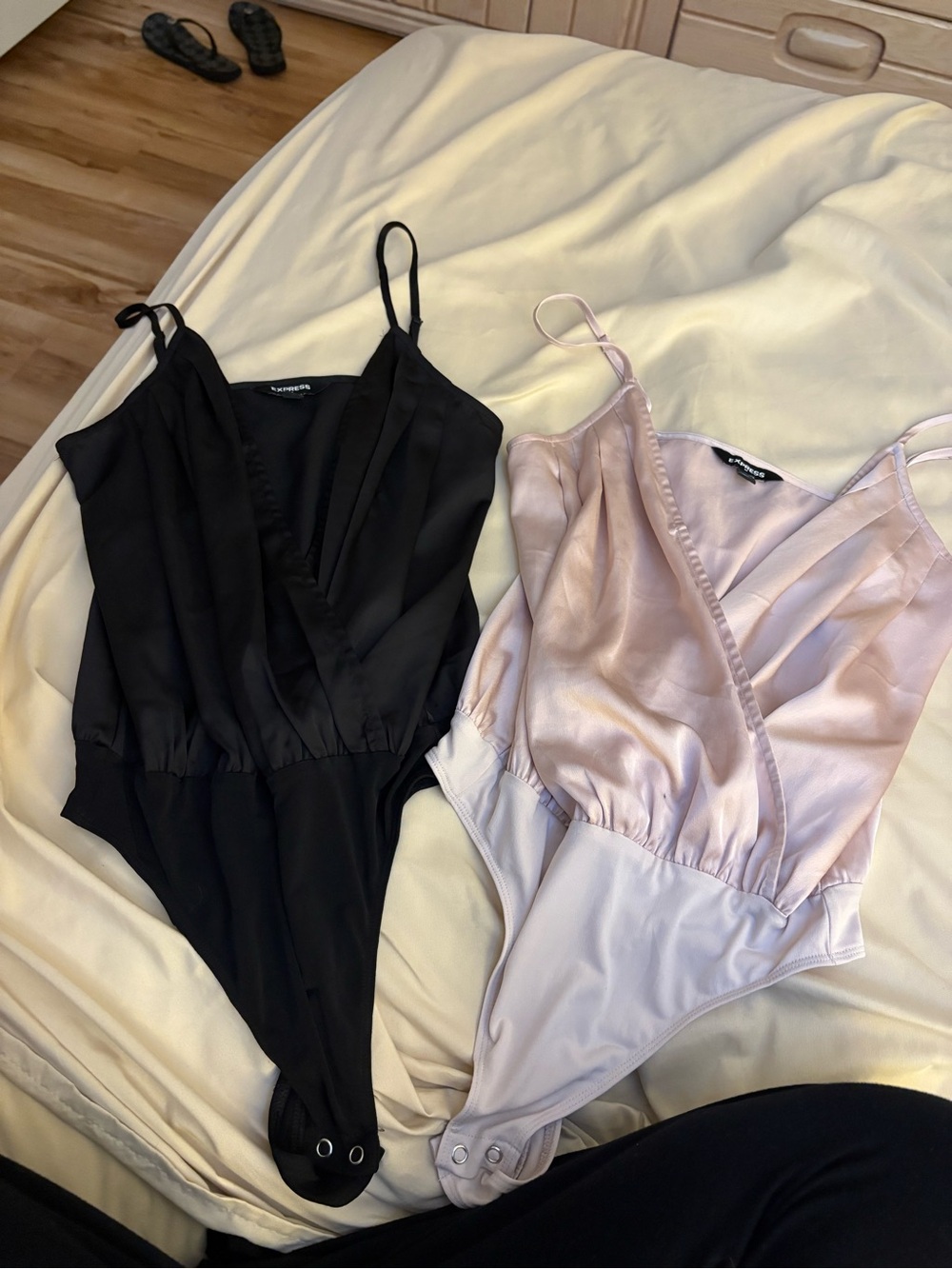Express Pink & Black Satin V-Neck Bodysuit - Women Tops